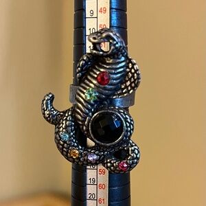 Python adjustable ring on silver band with rhinestones & etching size 8